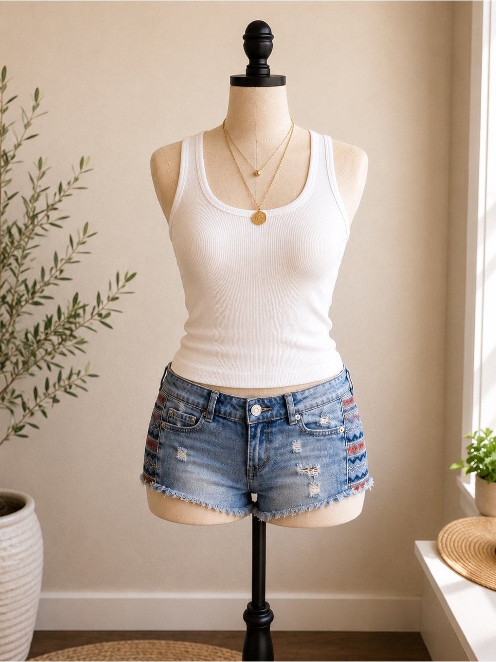 Garage Flirty Short Embroidered Denim Shorts Size 00 Boho Festival Distressed